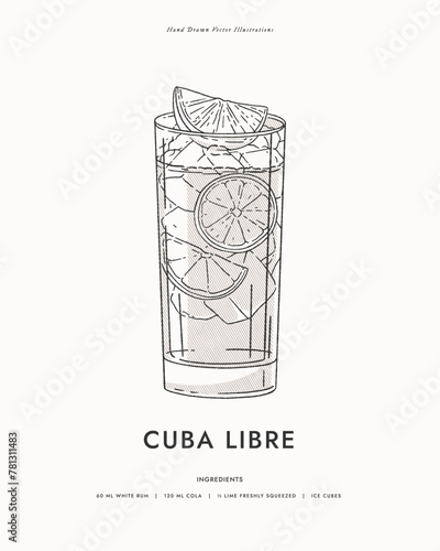 Cuba Libre. Cold cocktail with rum, cola, lime slices and pieces of ice in a glass glass. A classic alcoholic drink. Illustration for drinks cards, bar and wedding menus, cards and website graphics.