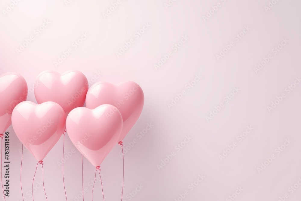 Pink helium balloons in the shape of hearts on a pink background. Concept for dating, Valentine's day, anniversary, wedding, birthday, mother's day