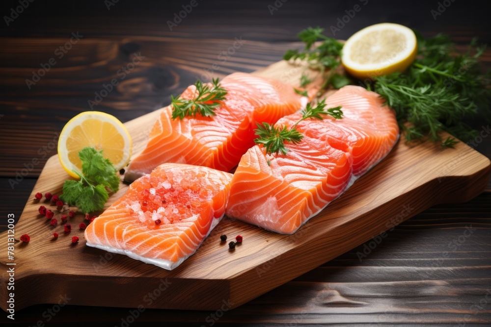 Salmon fillet cut into portions on a wooden board with lemon and herbs.