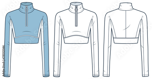 Zipped Crop Top technical fashion illustration. Long Sleeve Jacket fashion flat technical drawing template, roll neck, slim fit, front and back view, white, blue, women, men, unisex CAD mockup.