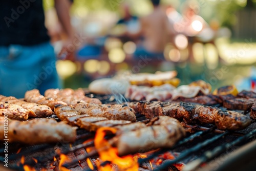 Close-up of a grill during a summer barbecue party with a blurred background of people having fun. Concept of outdoor holiday party at campsite with friends and family with copyspace 