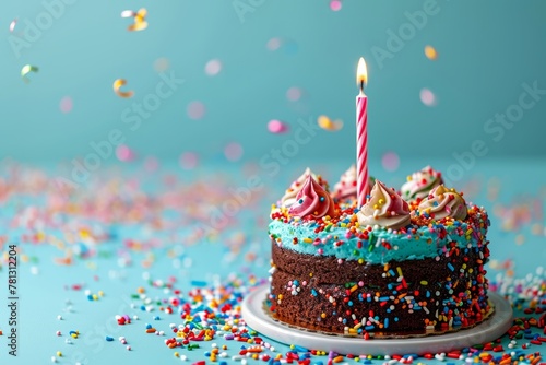 Delicate birthday cake with one candle on a blue background. Concept for celebrating children's holidays. Empty space for text.