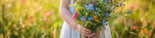 A young girl presents a bouquet of wildflowers