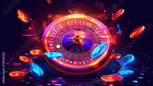 Lucky game UI with prize wheel. Free gift on orange or blue roulette with luck. Online lottery popup clipart collection.