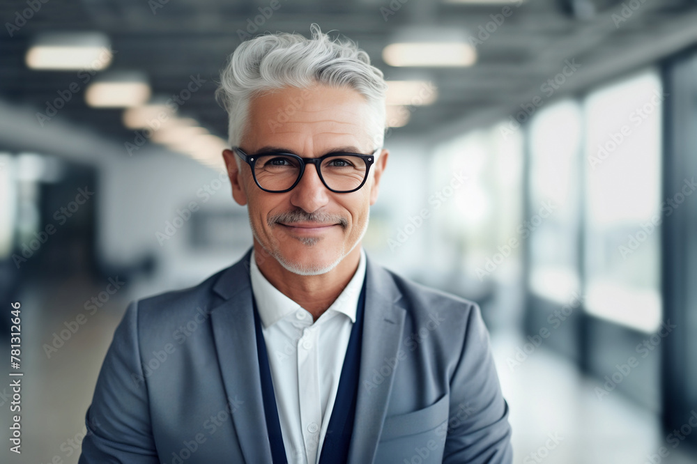 Portrait of a stylish silver hair businessman in glasses standing with arms crossed in a office Portrait of a stylish silver hair businessman in glasses standing with arms crossed in a office