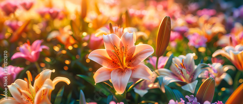 Vibrant Lily Flowers in Full Bloom, Rich Colors and Delicate Petals, Splendor of Summer Garden, Floral Elegance photo