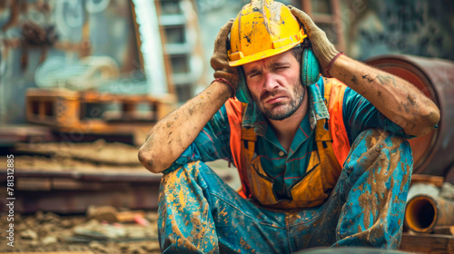 Exhausted construction worker covered in dirt, resting with a pained expression, wearing a safety helmet, evoking the intensity of physical labor. Banner. Copy space