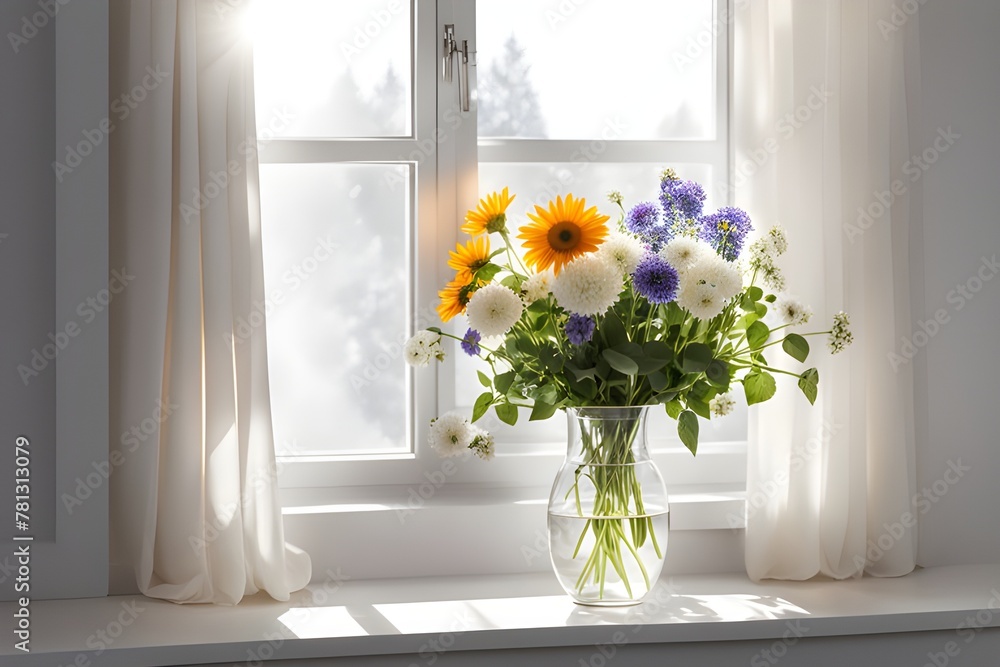 flowers in a vase on the windowsill with sunbeams flowers in a vase on the windowsill with sunbeams