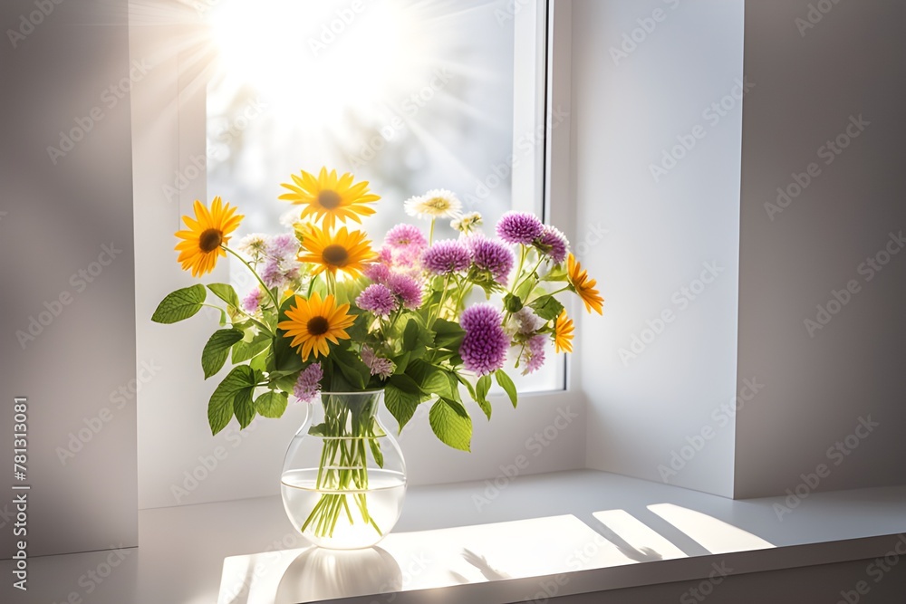flowers in a vase on the windowsill with sunbeams flowers in a vase on the windowsill with sunbeams