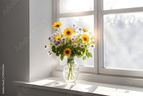 flowers in a vase on the windowsill with sunbeams © RORON
