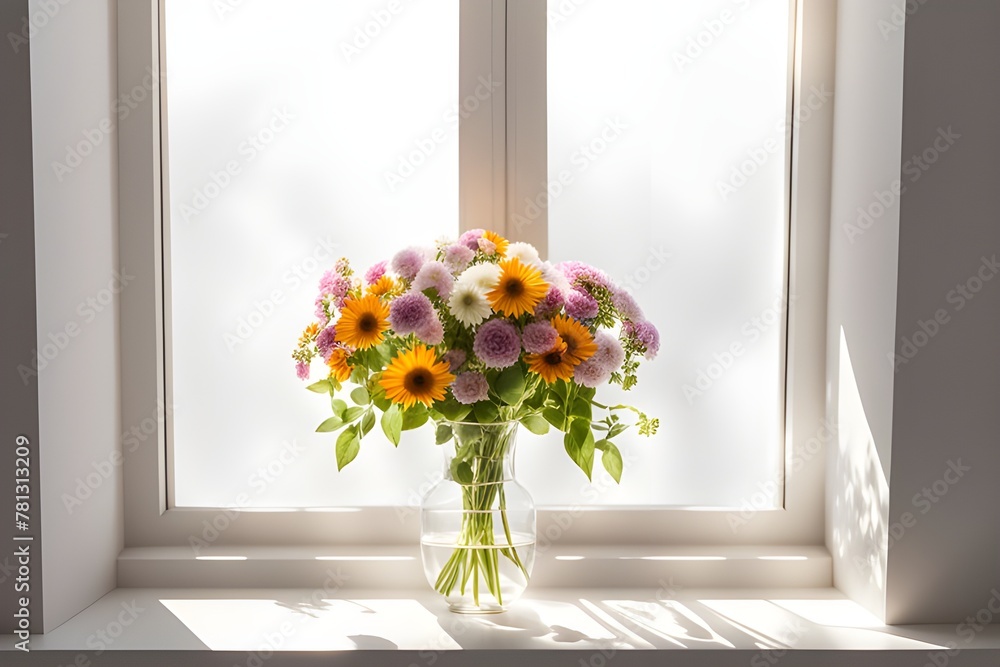 flowers in a vase on the windowsill with sunbeams