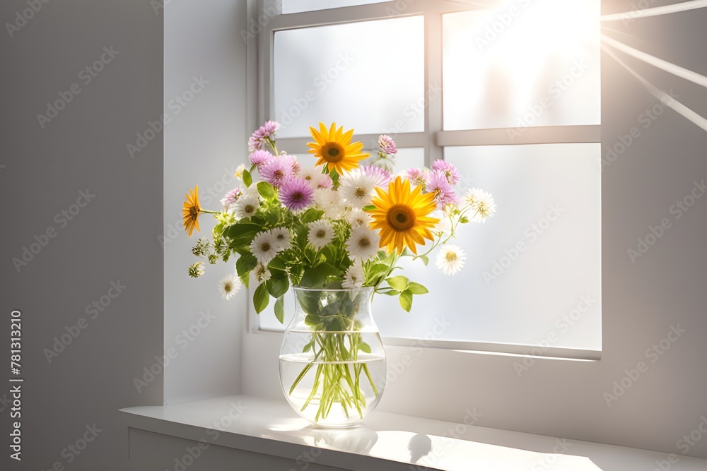 flowers in a vase on the windowsill with sunbeams flowers in a vase on the windowsill with sunbeams