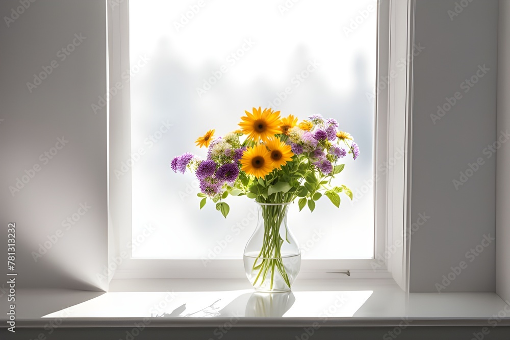 flowers in a vase on the windowsill with sunbeams flowers in a vase on the windowsill with sunbeams