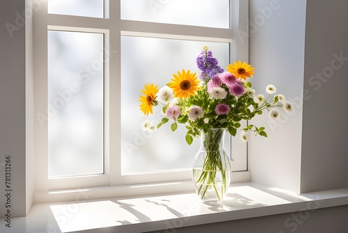 flowers in a vase on the windowsill with sunbeams © RORON