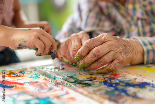 Art workshops in a bright studio space, where seniors collaborate with children on creative projects