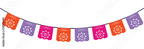 Mexican papel picado paper cut holiday flags and banners. Day of the Dead, Dia De Los Muertos and Cinco de Mayo flags with. isolated on a white background. Vector illustration. EPS 10