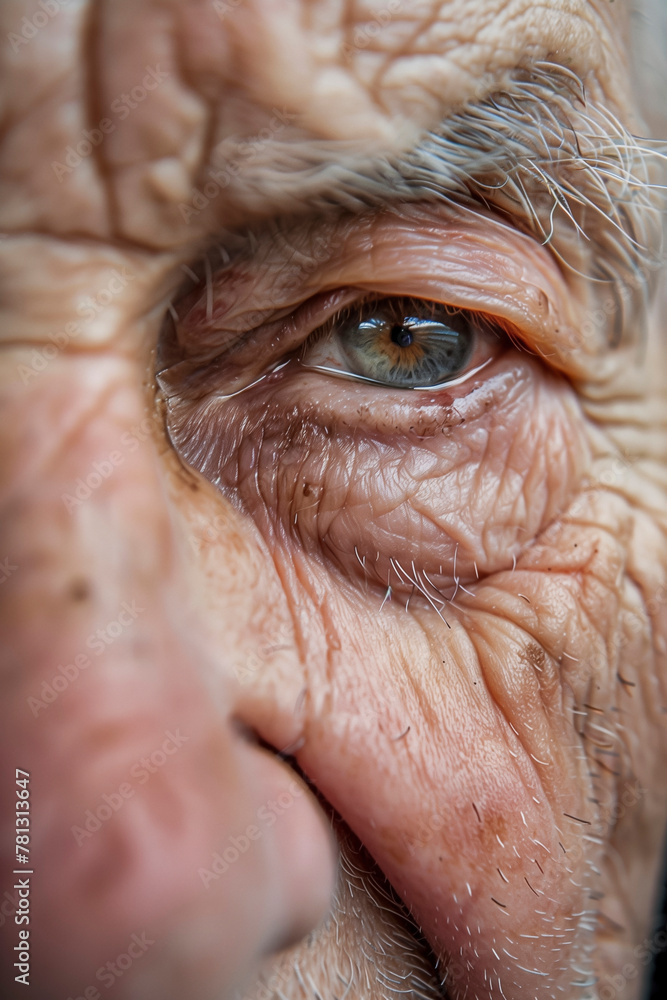 Close-up of an elderly man's face. Strictly human skin with wrinkles macro photography