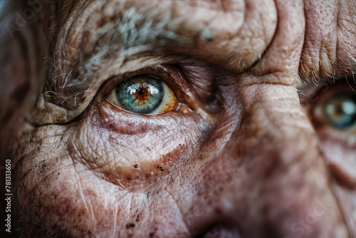 Close-up of an elderly man's face. Strictly human skin with wrinkles macro photography photo