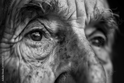 Close-up of an elderly man's face. Strictly human skin with wrinkles macro photography photo
