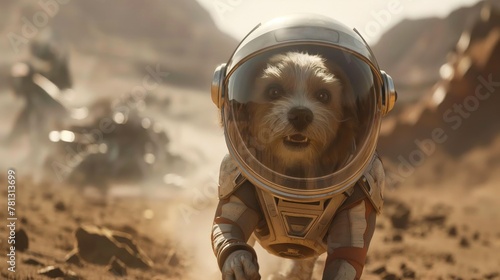 Astronaut dog in helmet running on Mars. The concept of colonization of Mars	
