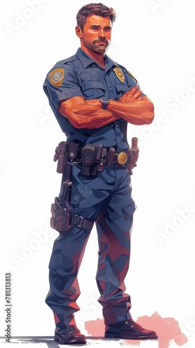 A man in an electric blue police uniform walks down the street