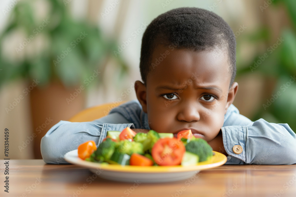 Little african american boy's aversion to salad evident in his unhappy expression