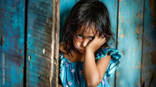 A little offended sad girl stands in front of a solid blue wall and looks directly expression. Child psychology. Relationship between parents and children. Banner. Copy space photo