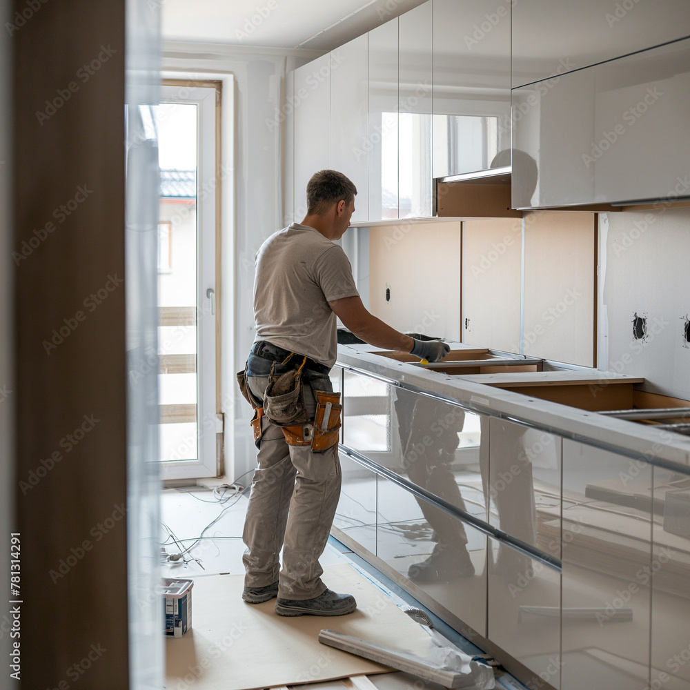 Carpenter Working Diligently on Installing New White Kitchen Cabinets During a Home Renovation Project