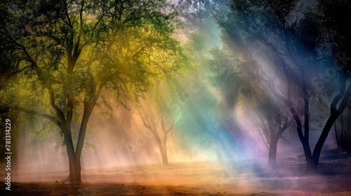 Enchanted Forest Scene with Sunbeams and Mist.