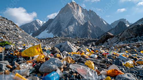A mountain peak, with discarded food wrappers scattered on the rocky terrain as the background, during an alpine cleanup expedition