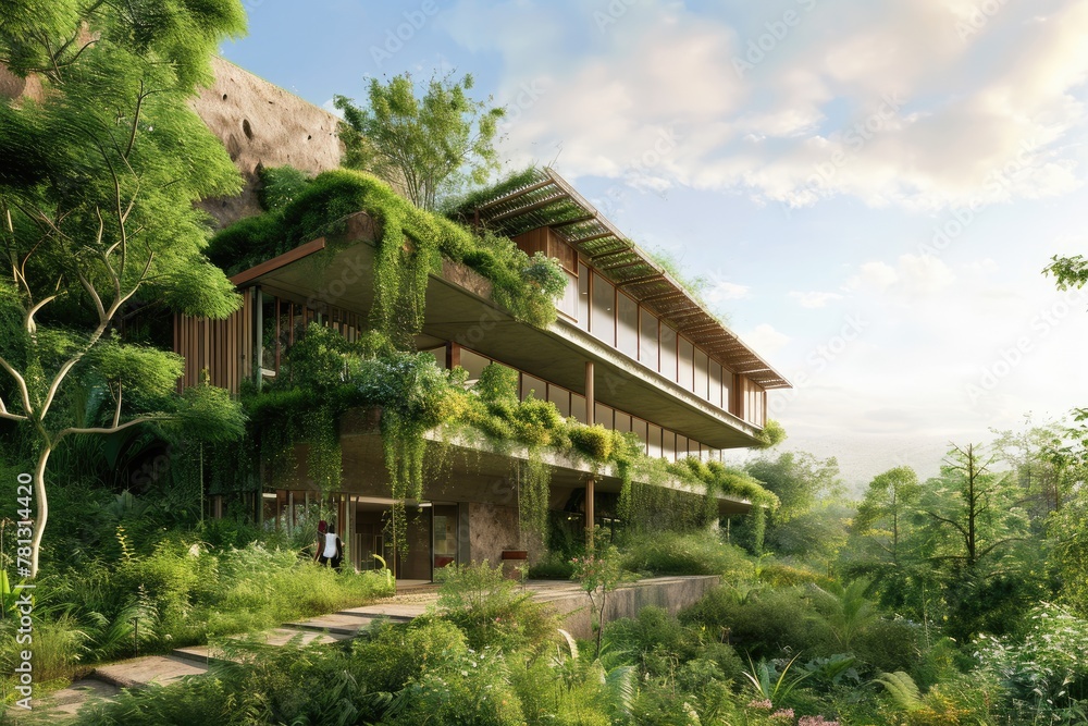 An eco-friendly school building blending into a lush landscape, eco-friendly school building,  AI generated