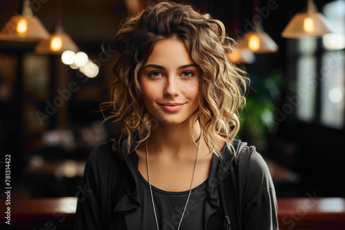 A female fashion model with a perfect and modern hairstyle, donning the latest trends in casual and chic clothing in a stylish cafe.