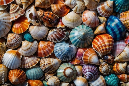 Colorful seashells in a big pile spread out, shells background