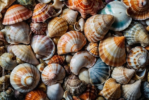 ColColorful seashells in a big pile spread out, shells background