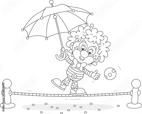 Funny curly-headed circus clown equilibrist playing with a striped umbrella and balancing on a taut rope in a fun performance, black and white vector cartoon illustration for a coloring book