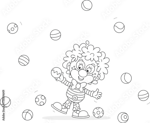 Funny curly-headed circus clown juggling with merrily jumping toy balls in a fun performance, black and white vector cartoon illustration for a coloring book