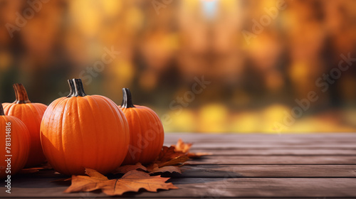Pumpkins on a Wooden Board with Fall Leaves Background