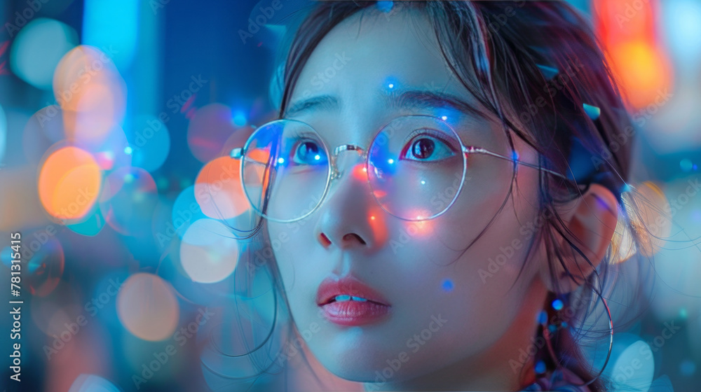 Data reflecting on eyeglasses on woman's face. Computrer programmer big data and ux designer concept Data reflecting on eyeglasses on woman's face. Computrer programmer big data and ux designer concept