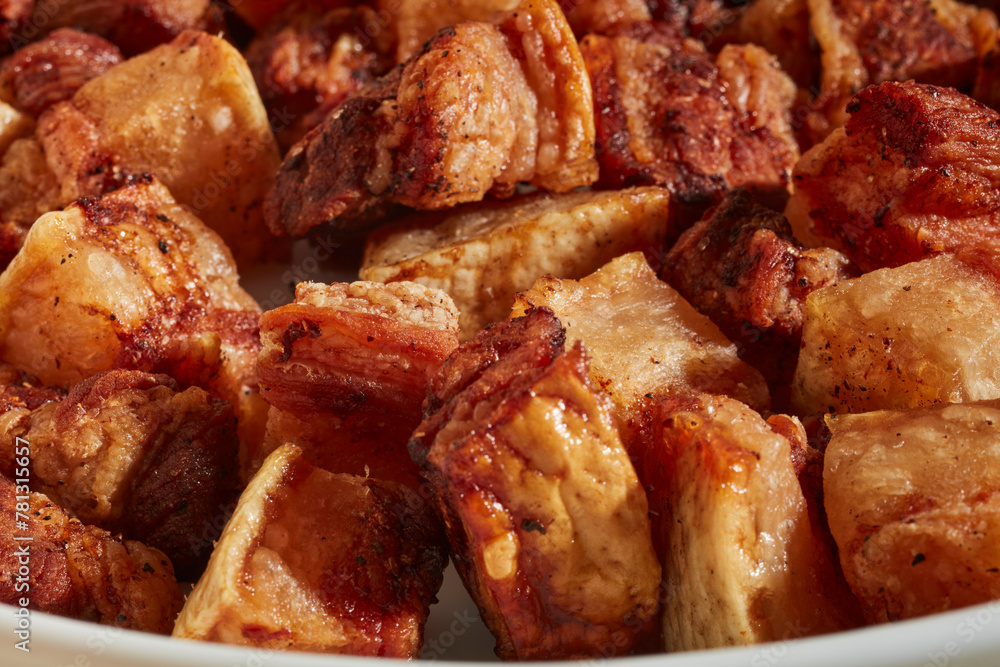Cubes of cooked pork belly made in an air fryer