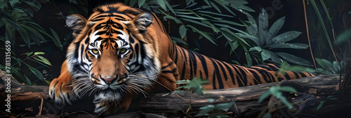 The majestic tiger carefully maneuvers on a wooden log amidst the dense foliage of the forest © john