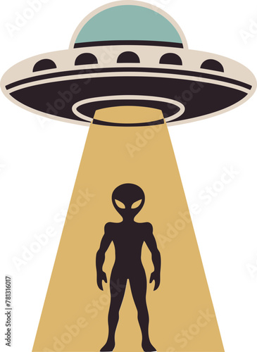 UFO beaming up an alien. flat minimalistic vector illustration in the style of 1970s retro