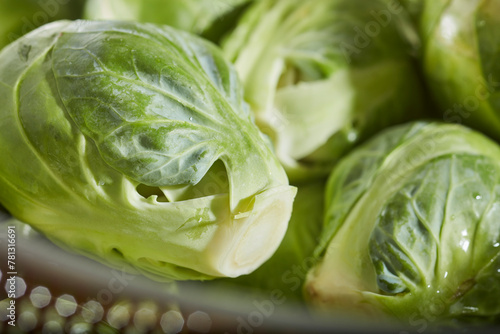 Fresh, raw Brussels Sprouts in close up.
