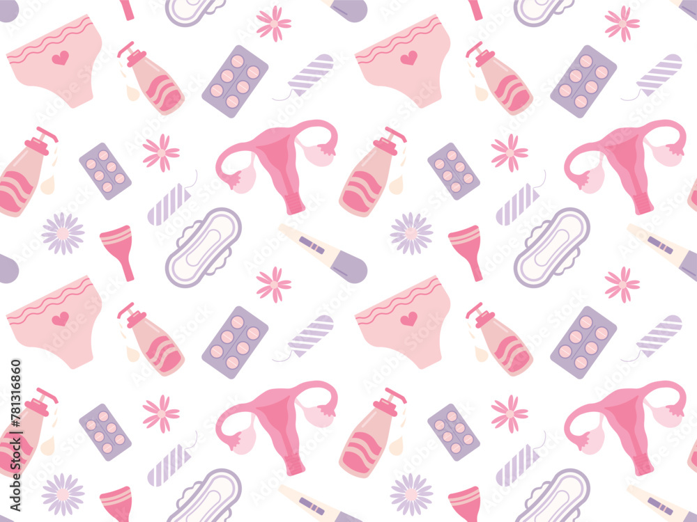 Seamless pattern with elements for menstruation and women's hygiene items on a transparent background. Vector illustration with sanitary pads, tampons, cups, panties, pain reliever. Suitable for scree Seamless pattern with elements for menstruation and women's hygiene items on a transparent background. Vector illustration with sanitary pads, tampons, cups, panties, pain reliever. Suitable for scree
