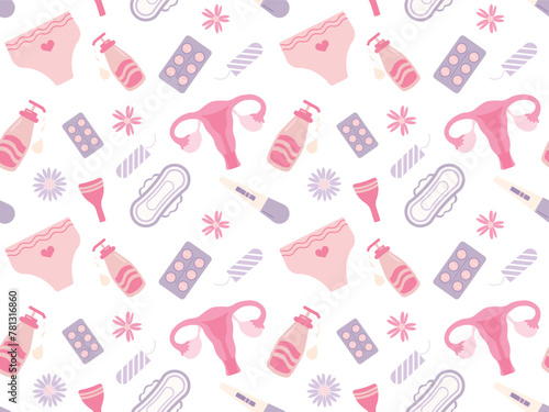Seamless pattern with elements for menstruation and women's hygiene items on a transparent background. Vector illustration with sanitary pads, tampons, cups, panties, pain reliever. Suitable for scree