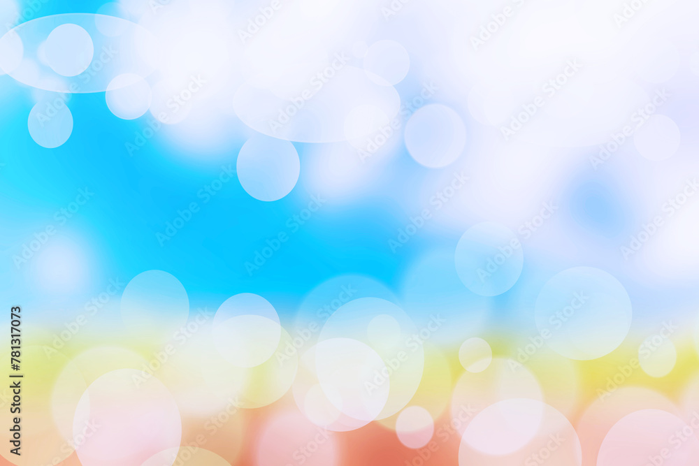 Abstract bright gradient motion spring or summer landscape texture background with natural orange yellow bokeh lights and blue bright sunny sky. Beautiful backdrop with space for design.