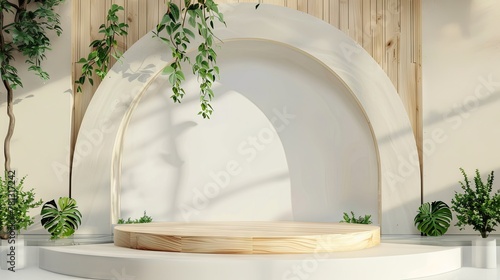 Beautiful round wooden empty podium with space for a product with plant elements