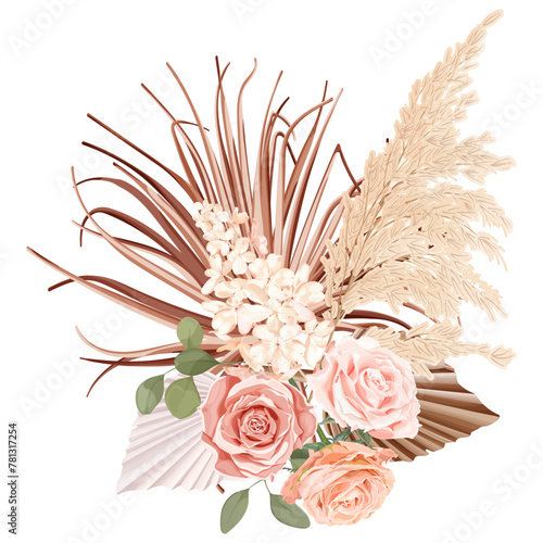 Tropical boho, bohemian bouquet with pink rose, reed, hydrangea, eucalyptus, palm leaf and dry plants.