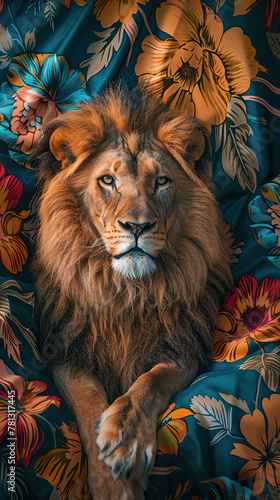 top view portrait of a lion on  floral silk 