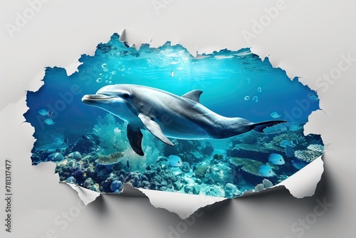 dolphine peeking out of a hole in flat white paper wall, dolphine wall banner, beautiful underwater atoll behind the dolphine, dolphine jump out torn hole © Fay Melronna 