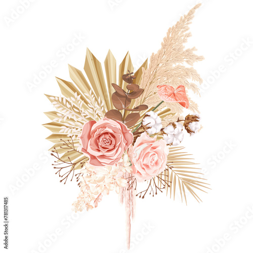 Tropical boho, bohemian bouquet with pink rose, reed, hydrangea, eucalyptus, cotton flower, palm leaf and dry plants.